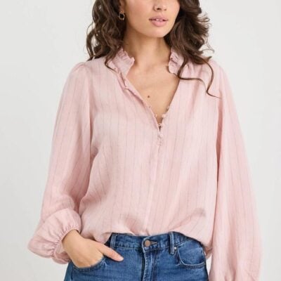 Ivy + Jack Premise Blush Stripe High Neck Buttoned LS Top