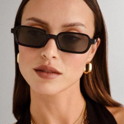 Le Specs Pilferer Black Narrow Rectangular Khaki Lens Sunglasses