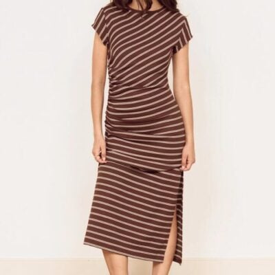 Mink Pink Vesper Chocolate Stripe SS Midi Dress