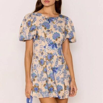 Mink Pink Zina Blue Beige Floral Puff Sleeve Mini Dress