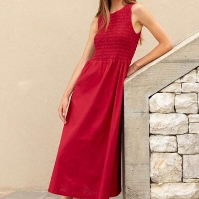 RE:UNION Label Bryar Plum Linen Blend Sleeveless Shirred Bodice Midi Dress