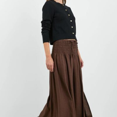 RE:UNION Label Byron Chocolate Linen Blend Shirred Waist Maxi Skirt