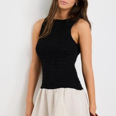 RE:UNION Label Laurel Black Natural Sleeveless Shirred Bodice Mini Dress