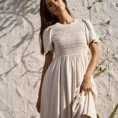 RE:UNION Label Wren Natural SS Shirred Bodice Midi Dress