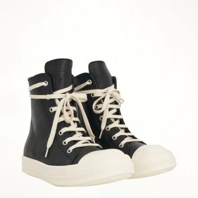 RICK OWENS Washed Calf High Sneaker in Black/milk Black / 35