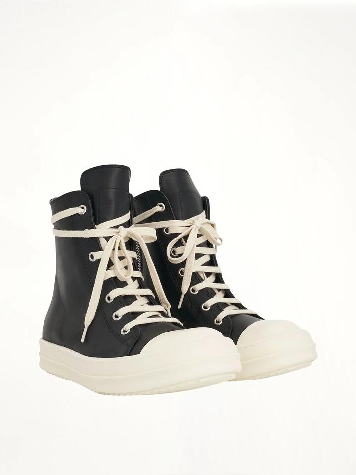 RICK OWENS Washed Calf High Sneaker in Black/milk Black / 35