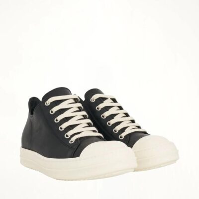 RICK OWENS Washed Calf Sneaker in Black/milk Black / 35