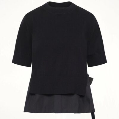 SACAI Poplin x Cotton Knit Pullover in Black / 1