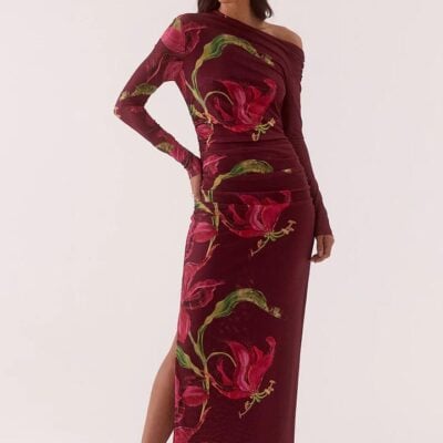 Sovere Azalea Vino Red Floral Print LS Maxi Dress