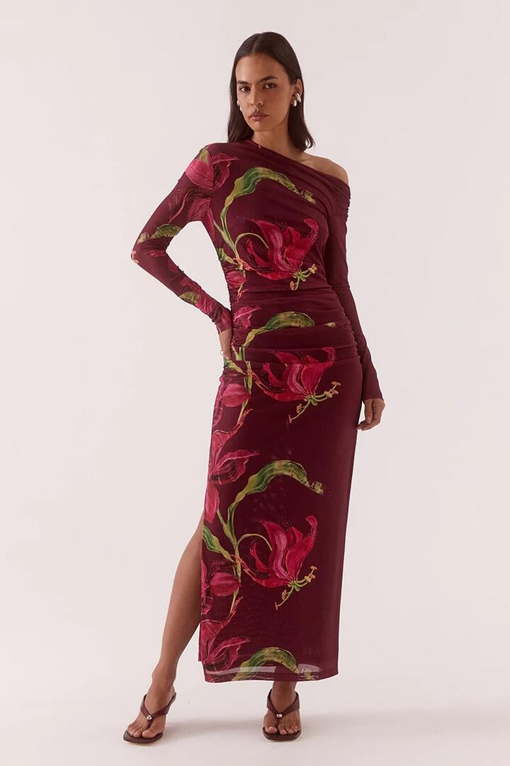 Sovere Azalea Vino Red Floral Print LS Maxi Dress