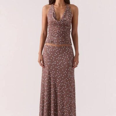 Sovere Delilah Mocha Polka Dot Maxi Skirt