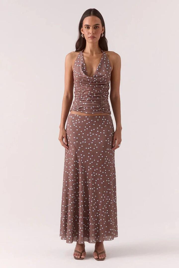 Sovere Delilah Mocha Polka Dot Maxi Skirt