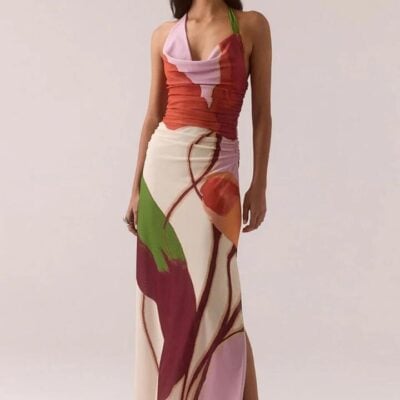 Sovere Kalea Multi Botanic Cowl Neck Mesh Halter Maxi Dress