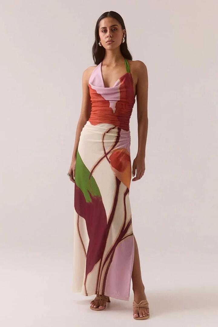 Sovere Kalea Multi Botanic Cowl Neck Mesh Halter Maxi Dress
