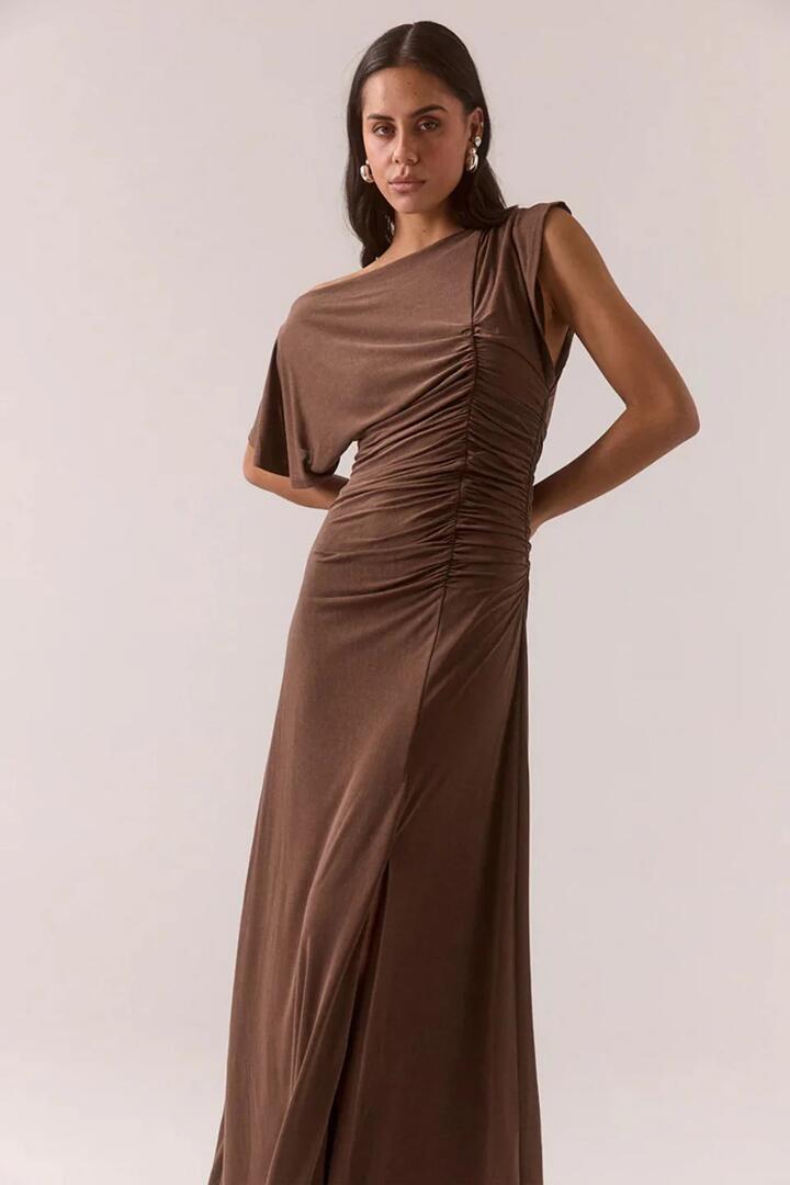 Sovere Miro Brownie Jersey Ruched Side SS Maxi Dress