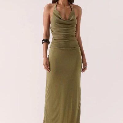Sovere Zeya Soft Khaki Sparkle Mesh Halter Maxi Dress