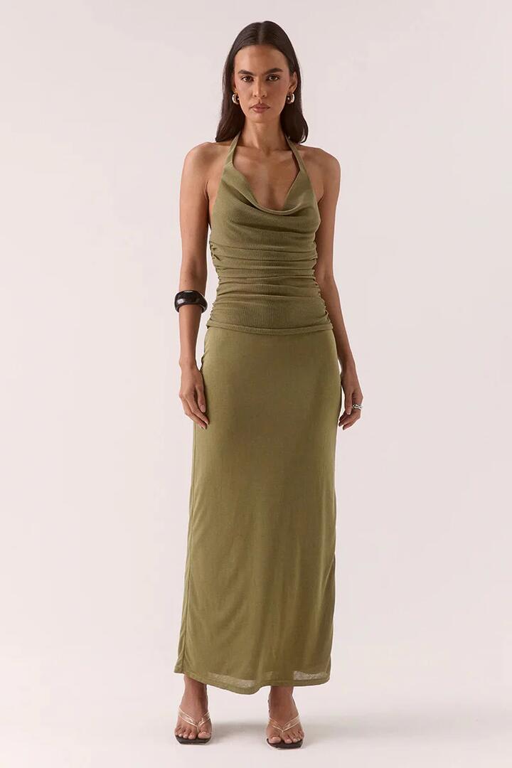 Sovere Zeya Soft Khaki Sparkle Mesh Halter Maxi Dress