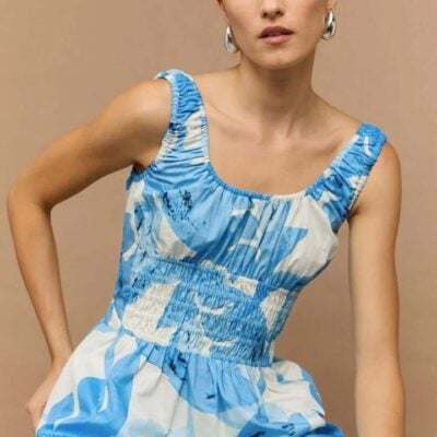 Staple The Label Leilani Blue Leaf Shirred Waist Sleeveless Midi Dress