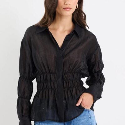 Stories be Told Composite Black Sheer Shirred Body Shirt