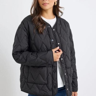 Stories be Told Frankly Black Boxy Snap Front Collarless Quilted Puffer Jacket