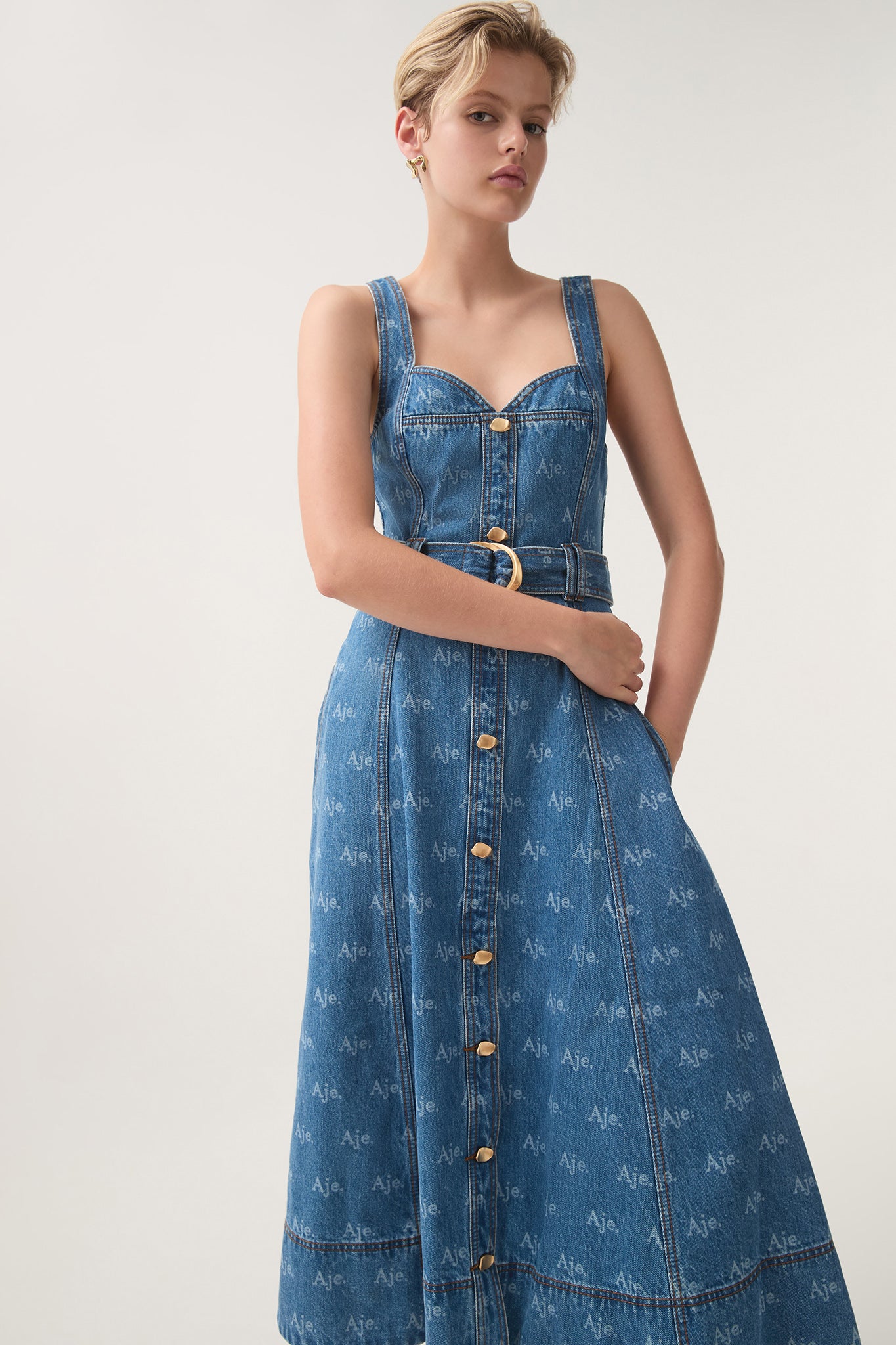 Aje Ratio Logo Denim Midi Dress - Image 3
