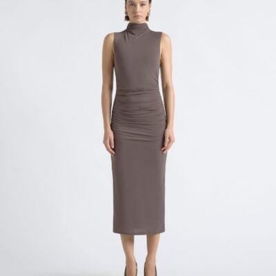Cue Ruched Mesh Midi Dress - Image 1