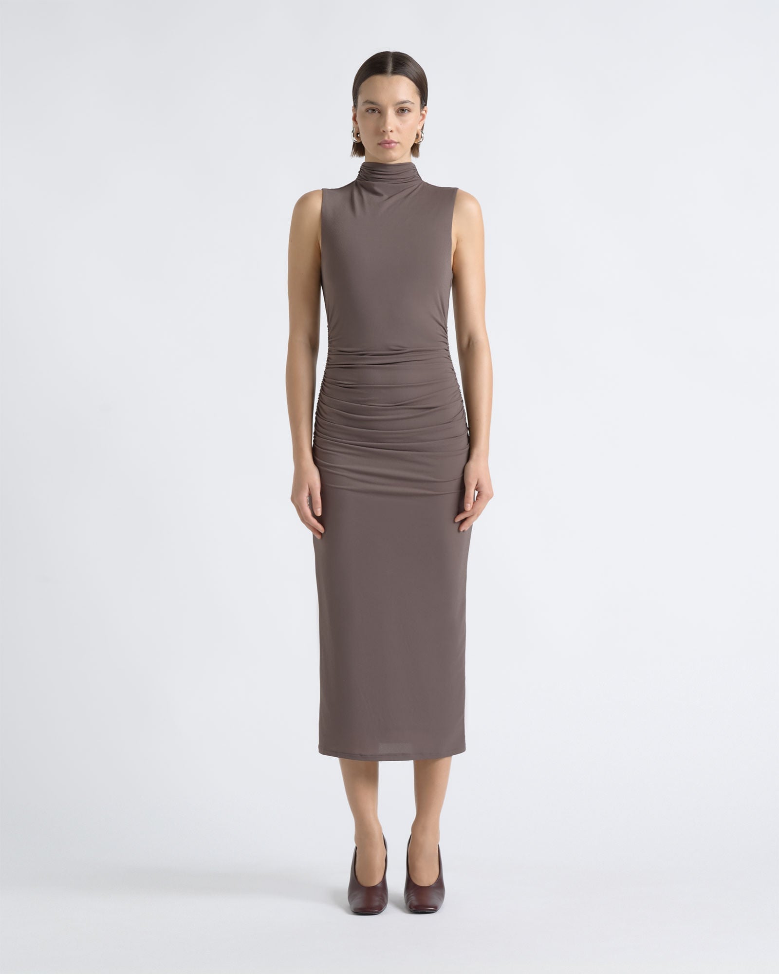 Cue Ruched Mesh Midi Dress - Image 1