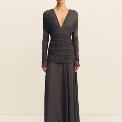 Shona Joy Mira Mesh Plunged Gathered Maxi Dress - Image 1