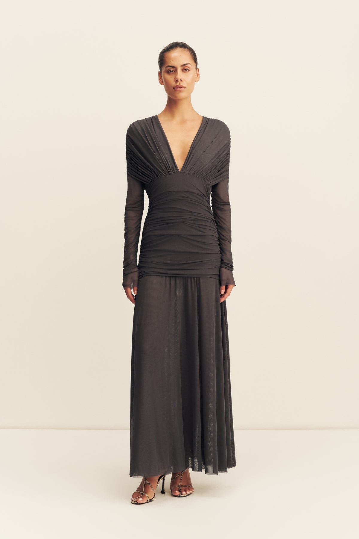 Shona Joy Mira Mesh Plunged Gathered Maxi Dress - Image 1