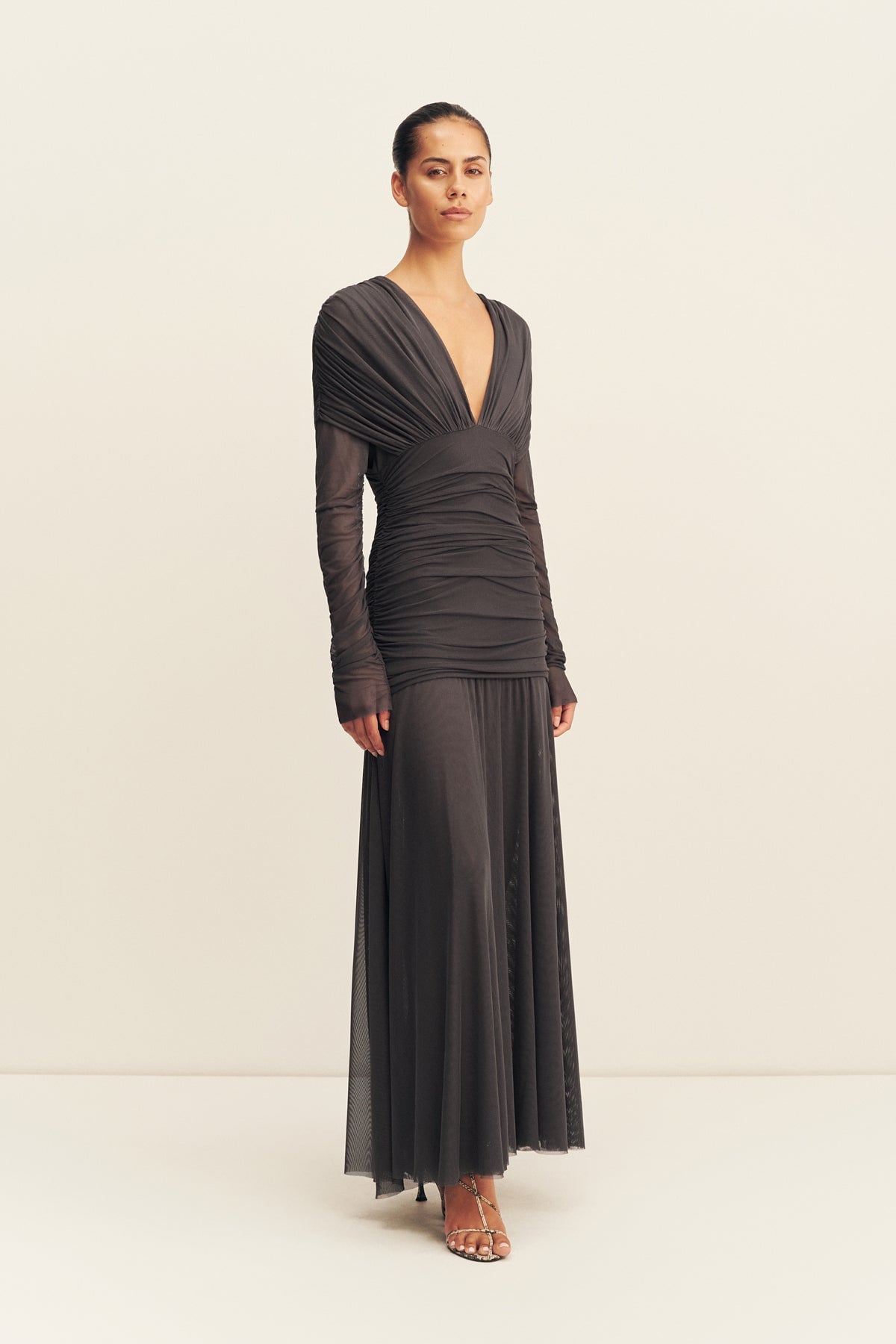 MNSJ140926213050039_3 Shona Joy Mira Mesh Plunged Gathered Maxi Dress - Image 3
