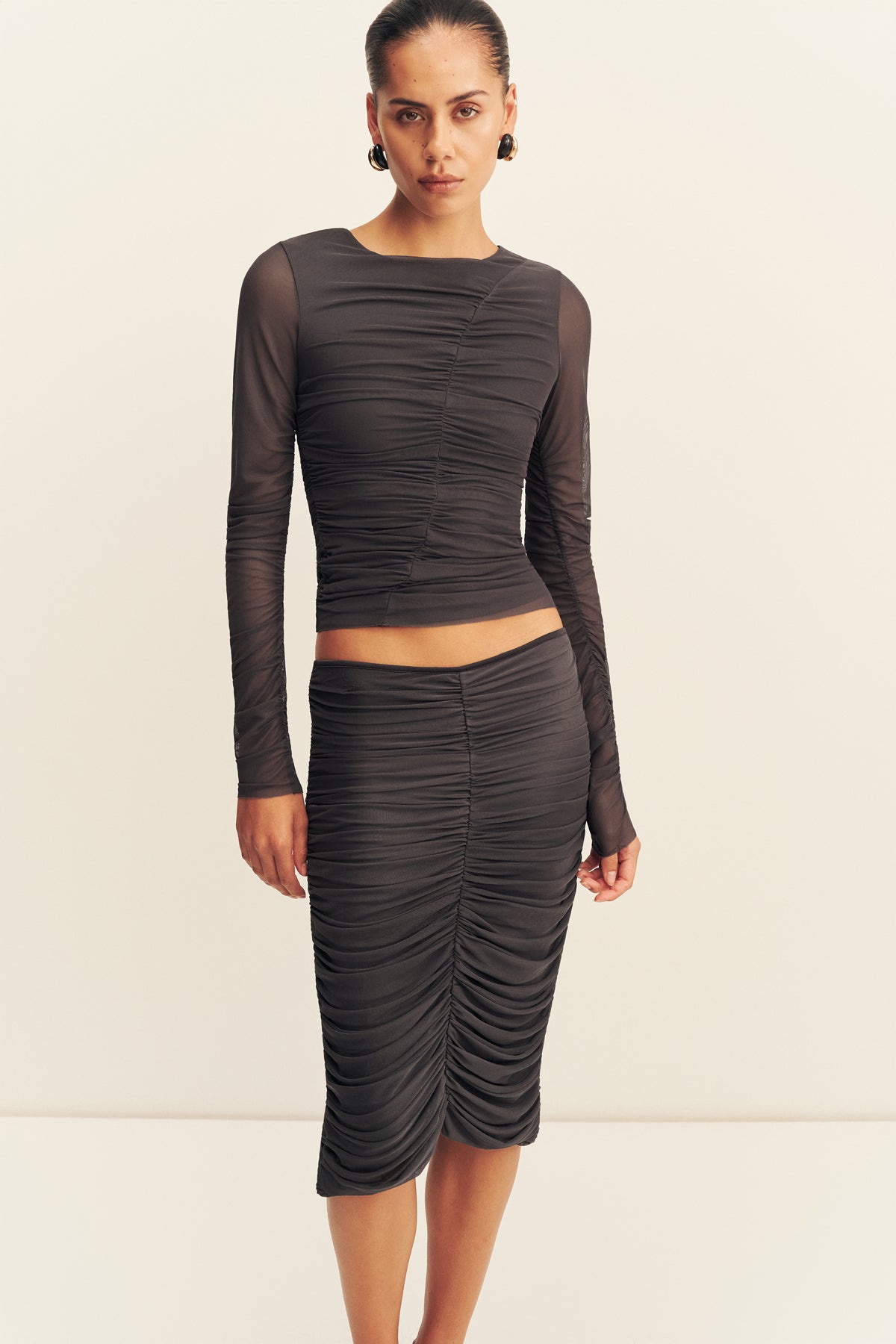 MNSJ140926213050040_3 Shona Joy Mira Mesh Long Sleeve Ruched Top - Image 3
