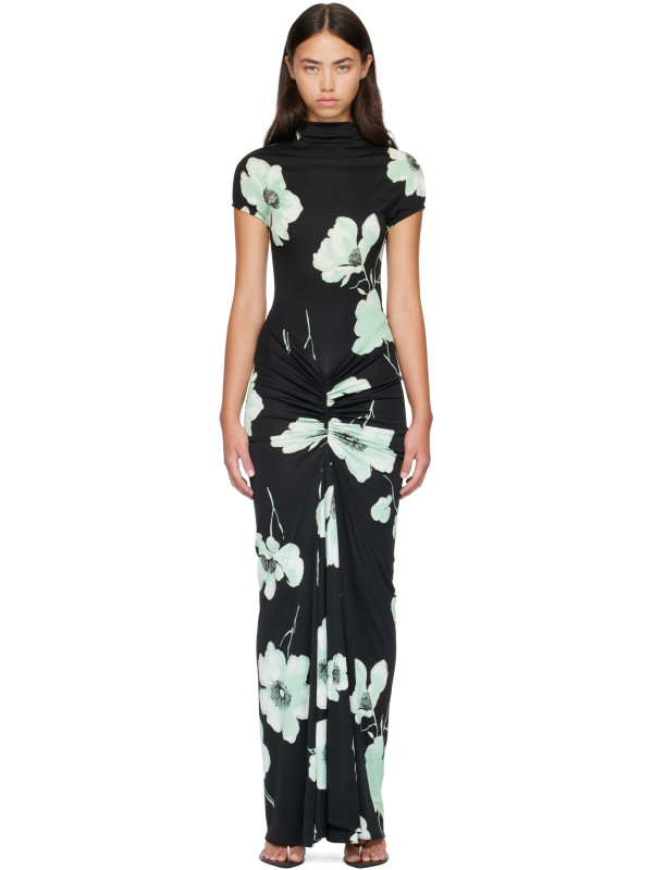 Alaïa Black Draped Printed Maxi Dress