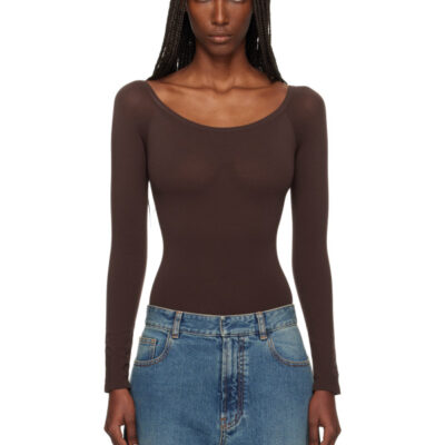 Alaïa Brown Second Skin Knit Off-Shoulder Bodysuit