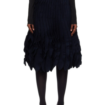 Alaïa Navy Tweed Knit Frills Midi Skirt