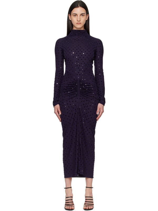 Alaïa Purple Draped Fluid Strass Jersey Maxi Dress
