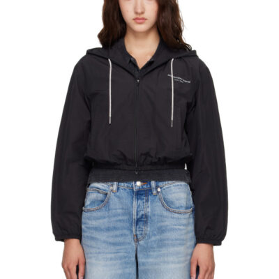 Alexander Wang Black Crystal Hotfix Drawcord Cropped Zip-Up Hoodie