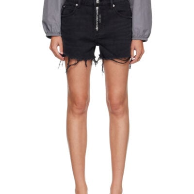 Alexander Wang Black Relaxed Hotfix Logo Fly Denim Shorts