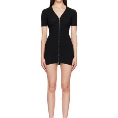 Alexander Wang Black V-Neck Short Sleeve Pointelle Zip Minidress