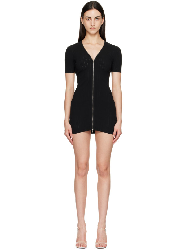 Alexander Wang Black V-Neck Short Sleeve Pointelle Zip Minidress