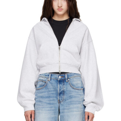 Alexander Wang Gray Crystal Fitted Long Sleeve Zip Up Hoodie