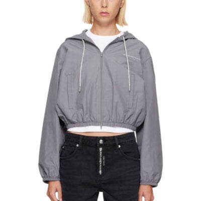 Alexander Wang Gray Shrunken Hoodie Rhinestone Drawcord Jacket