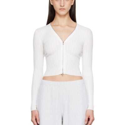 Alexander Wang White V-Neck Long Sleeve Pointelle Zip Cardigan