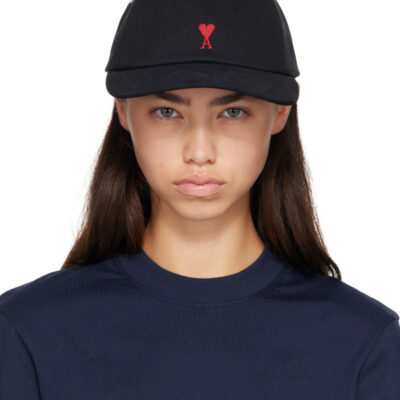 AMI Paris Black Cotton Ami De Coeur Cap