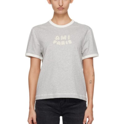 AMI Paris Gray Cotton 'Ami Paris' Knitted Patch T-shirt