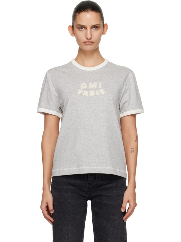 AMI Paris Gray Cotton 'Ami Paris' Knitted Patch T-shirt