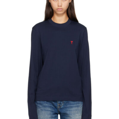 AMI Paris Navy Cotton Longsleeves Ami de Coeur T-shirt