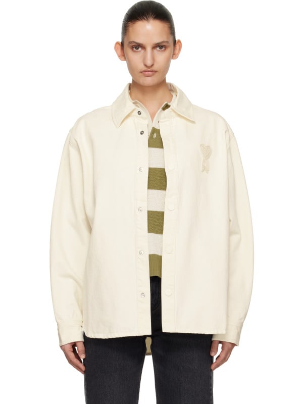 AMI Paris Off-White Cotton Knitted 'Ami de Coeur' Overshirt
