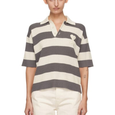 AMI Paris Off-White & Gray Short Sleeves 'Ami de Coeur' Polo