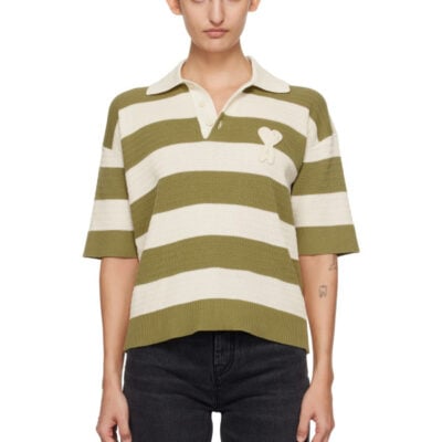 AMI Paris Off-White & Green Short Sleeves 'Ami de Coeur' Polo