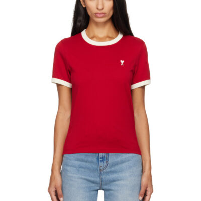 AMI Paris Red Ami De Coeur Contrasted Cotton T-shirt